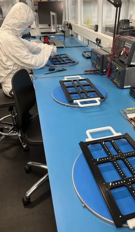 Exobotics spacecraft assembly line in cleanroom